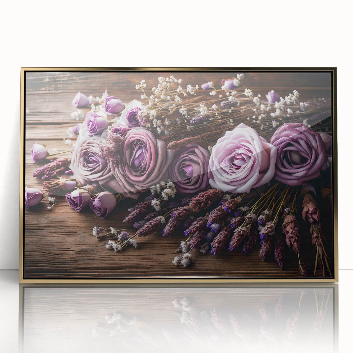 Framed botanical wall art collection showcasing elegant lavender floral design with gold accents, perfect for home decor or gifting. Ideal for modern interiors.