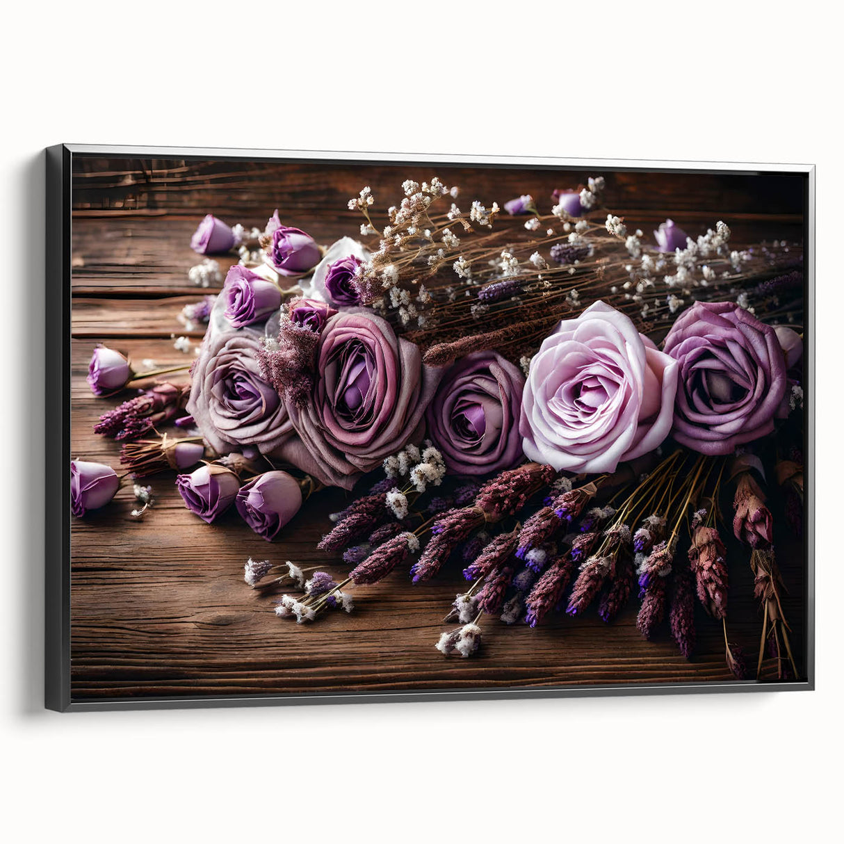 Framed botanical wall art featuring a lavender design on high-quality canvas, displayed in a sleek black frame, ideal for home decor and enhancing interiors.