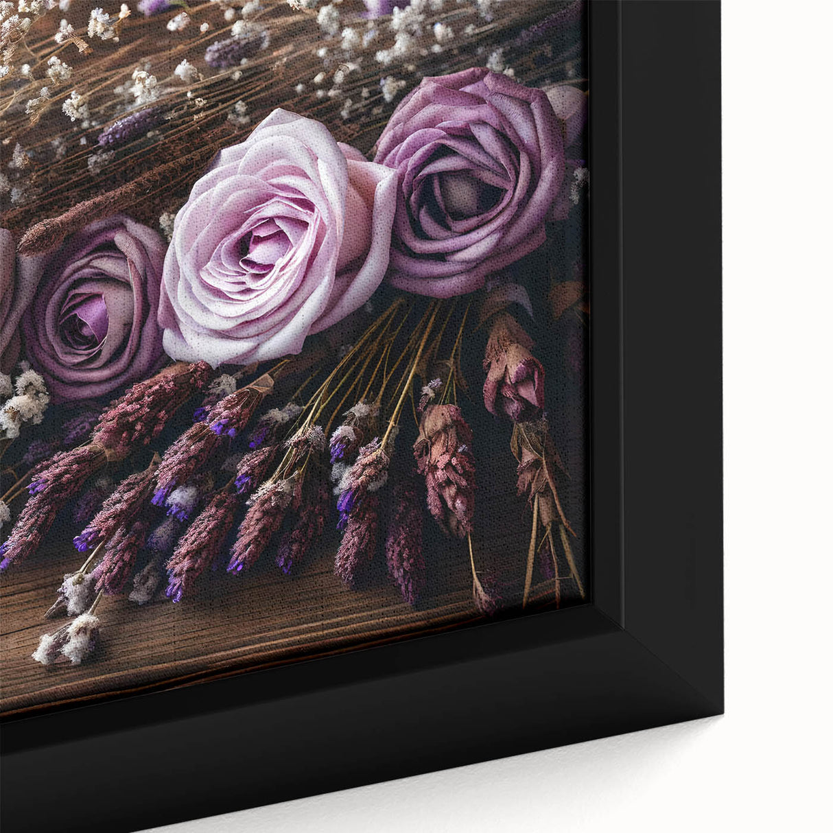 Close-up of a framed botanical wall art piece showcasing delicate lavender flowers with intricate details and soft purple hues, perfect for home decor.