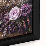 Close-up of a framed botanical wall art piece showcasing delicate lavender flowers with intricate details and soft purple hues, perfect for home decor.