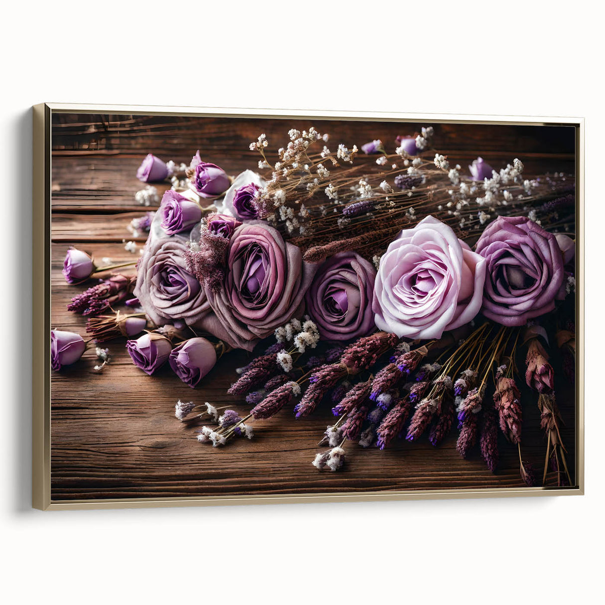 Framed wall art featuring a botanical lavender design, showcasing vibrant purple flowers against a sleek gold frame, ideal for home decor and enhancing aesthetics.
