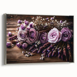 Framed canvas wall art featuring a botanical lavender design, elegantly displayed in a silver frame, showcasing intricate floral details and soft color tones. Perfect for home decor.