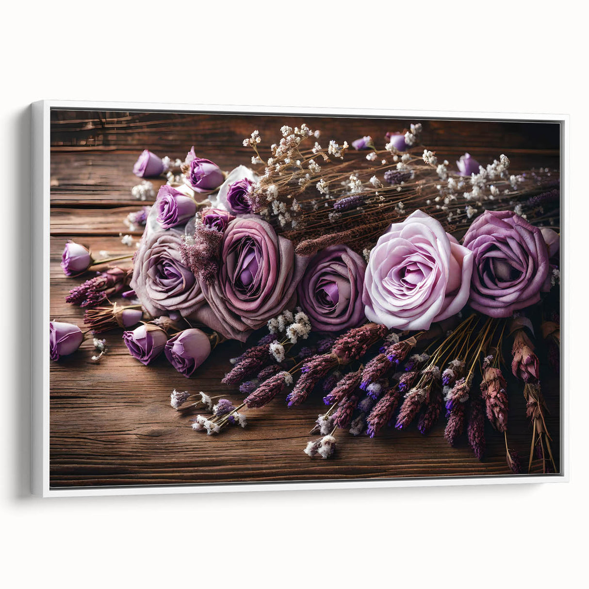Framed botanical wall art featuring a lavender design on canvas, displayed with a white frame, showcasing the vibrant purple flowers against a clean background.