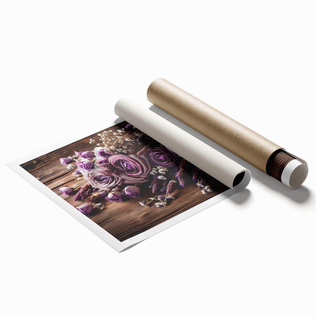 Lavender botanical wall art print showcasing delicate purple flowers and green foliage, rolled and ready for framing, perfect for home decor or gifting.
