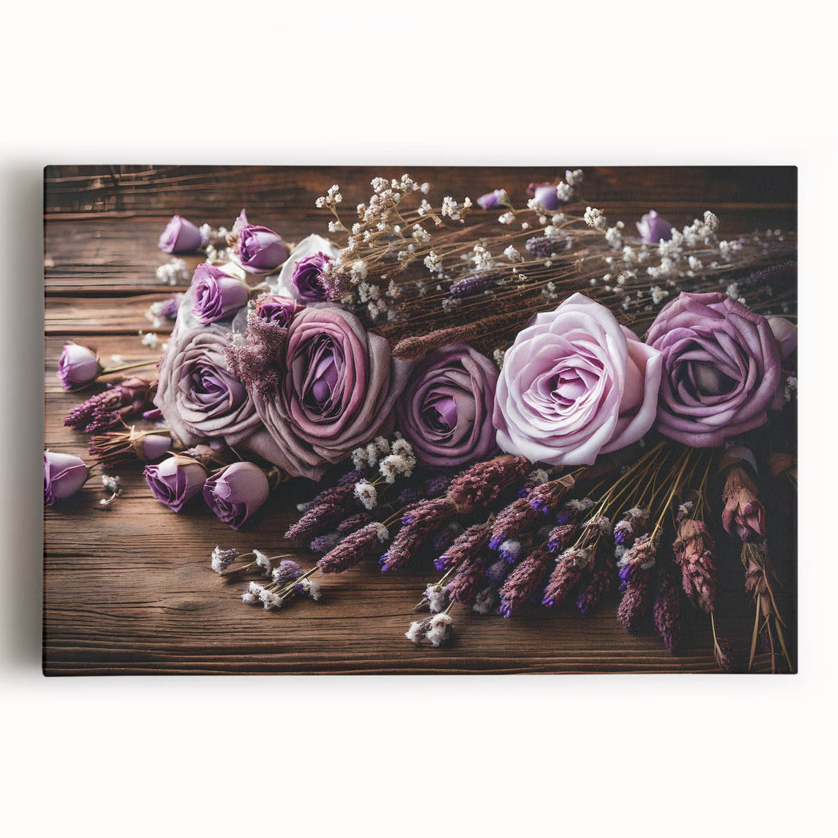 Lavender botanical wall art collection displayed on stretched canvas, showcasing delicate purple flowers and green foliage, perfect for home decor enhancement.