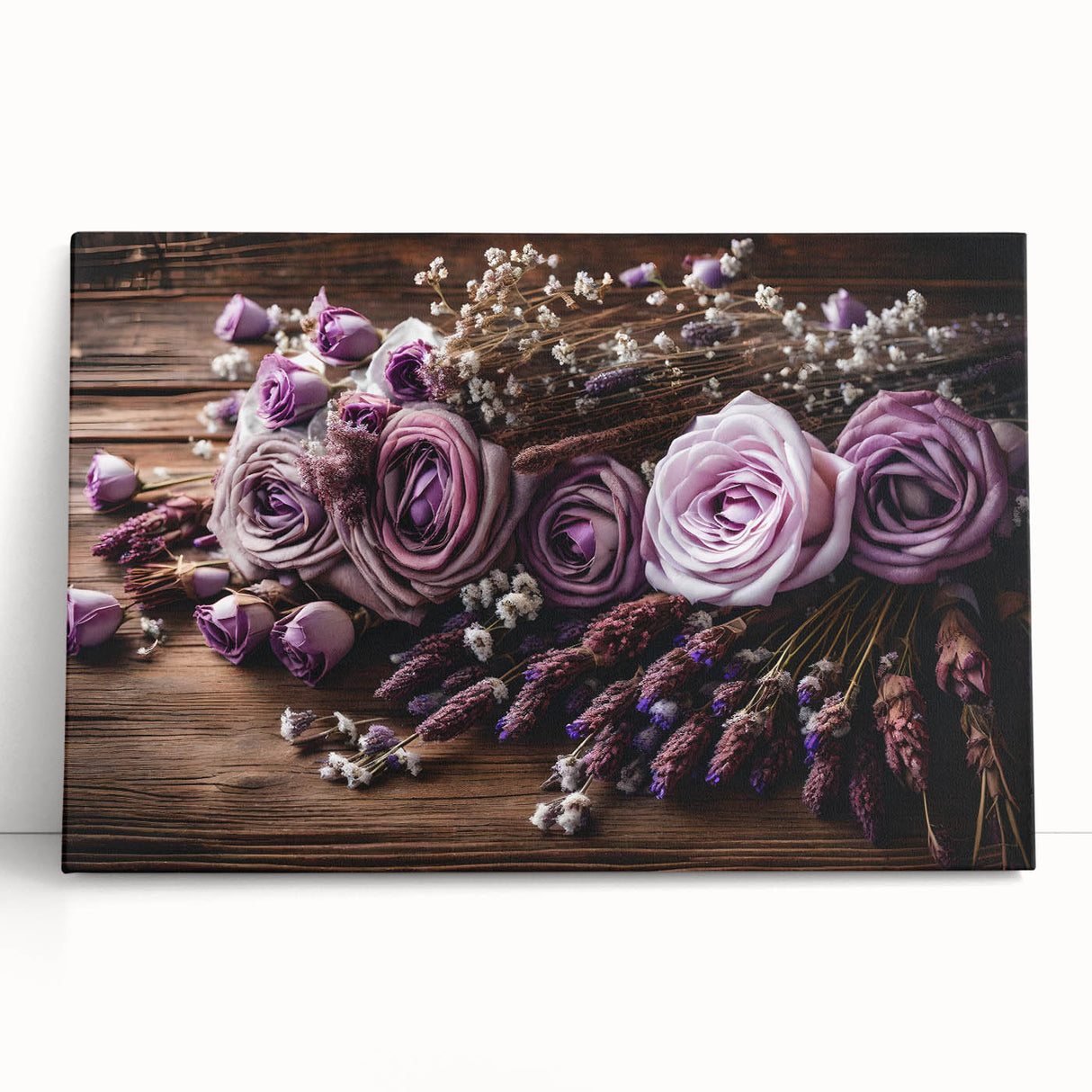 Lavender-themed botanical wall art collection displayed on a white wall, featuring vibrant purple flowers and green leaves, ideal for home decor.