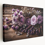Lavender botanical wall art design on stretched canvas, showcasing delicate purple flowers with green leaves, ideal for home decor and wall aesthetics.