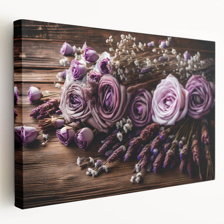 Lavender botanical wall art design on stretched canvas, showcasing delicate purple flowers with green leaves, ideal for home decor and wall aesthetics.