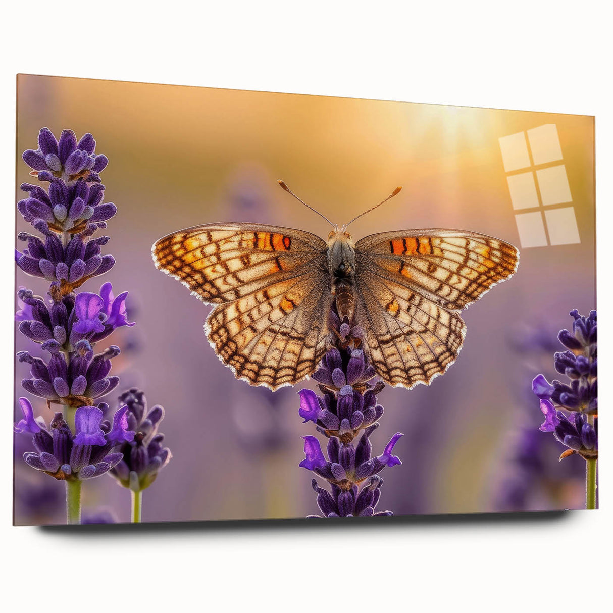 Elegant acrylic glass wall art showcasing a botanical lavender design, featuring vibrant purple flowers and delicate green leaves, perfect for enhancing home decor.