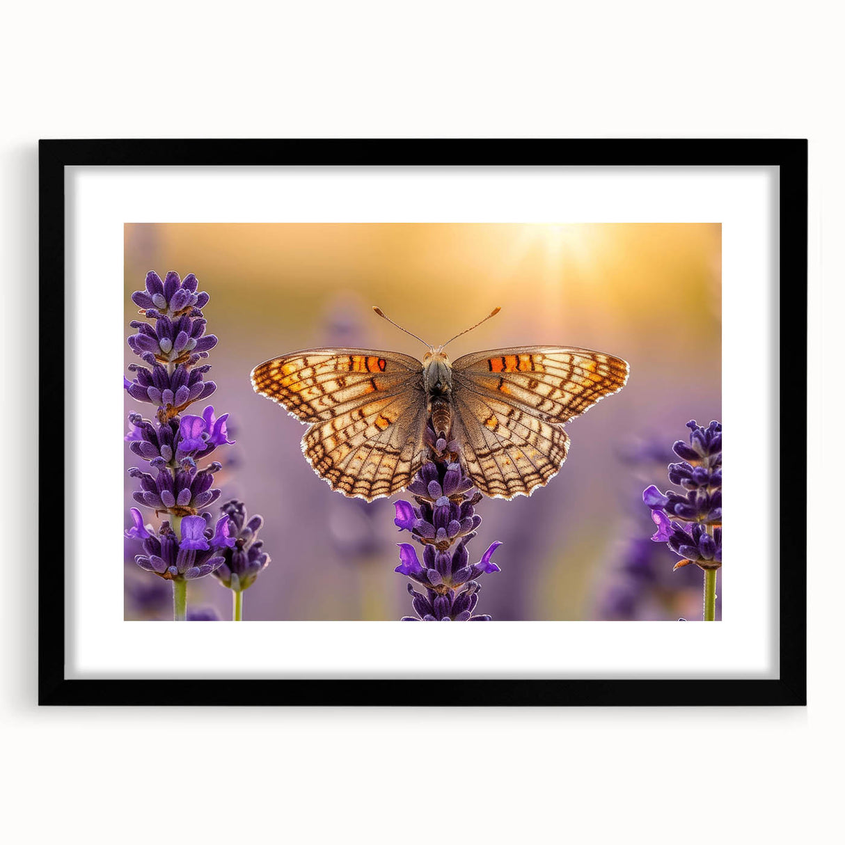 Botanical lavender wall art framed in black with a mat, showcasing delicate floral designs and elegant detailing, perfect for home decor and enhancing interiors.