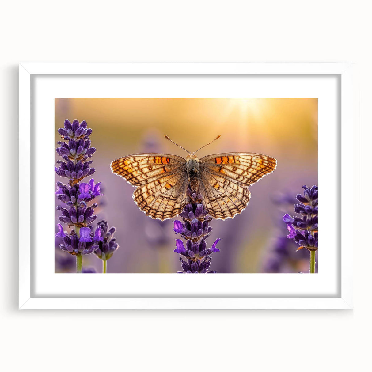 Botanical wall art showcasing a delicate lavender design in a white frame with a mat, perfect for adding a touch of elegance to home decor. Ideal for floral enthusiasts.