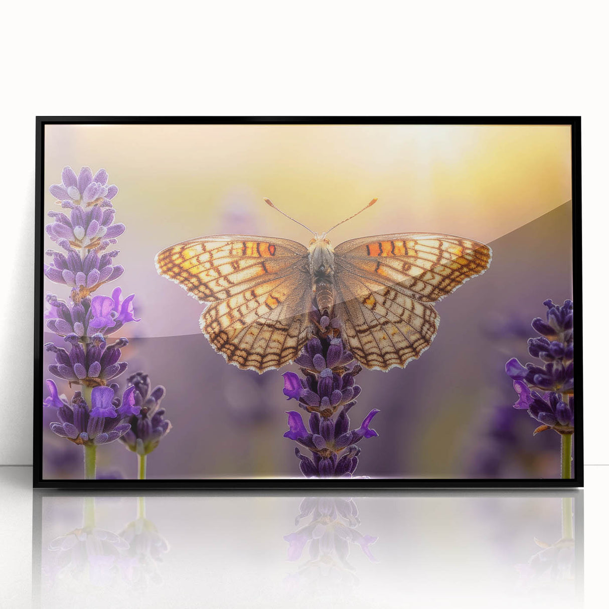 Framed wall art featuring a botanical lavender design with black accents, showcasing delicate lavender flowers in a modern style, perfect for home decor.