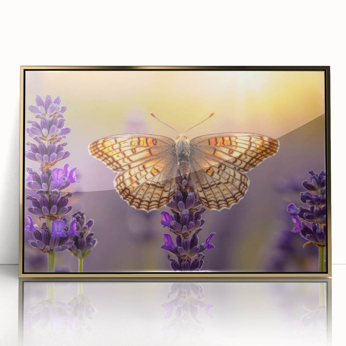 Framed botanical wall art featuring delicate lavender flowers in shades of purple and green, accented with a gold frame for an elegant touch, ideal for home decor.