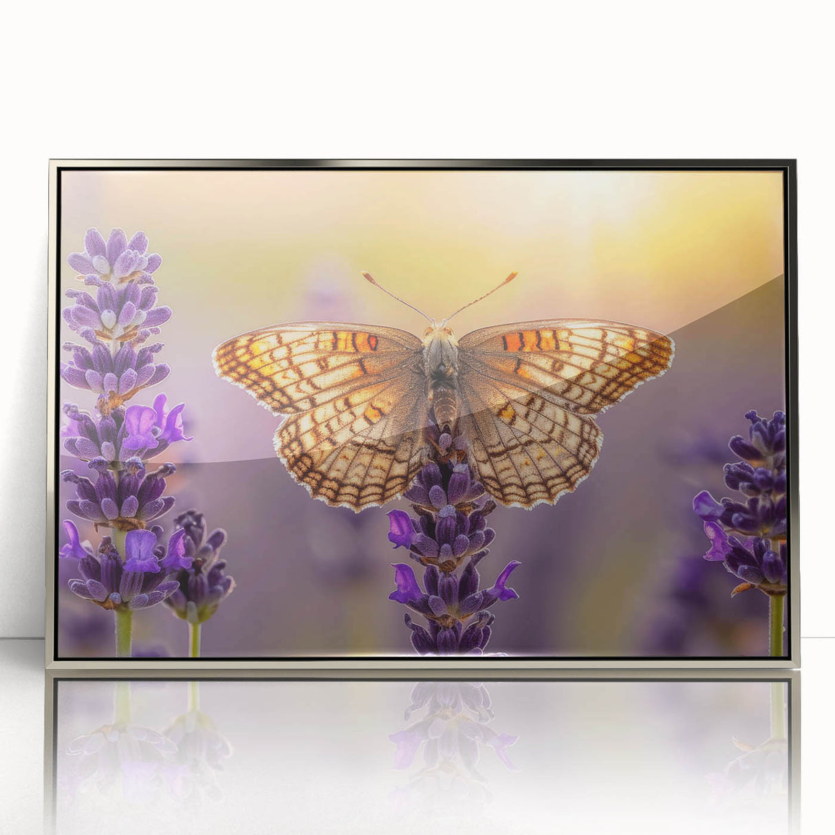 Framed acrylic wall art featuring a botanical lavender design with intricate floral details, set in a sleek silver frame, perfect for home decor.