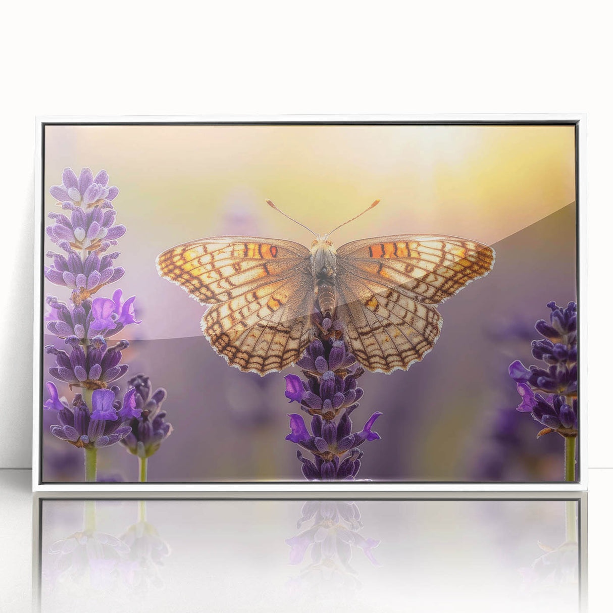 Framed wall art featuring a botanical lavender design in white acrylic frame, highlighting delicate purple flowers against a soft background, ideal for home decor.