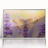 Framed wall art featuring a botanical lavender design in white acrylic frame, highlighting delicate purple flowers against a soft background, ideal for home decor.