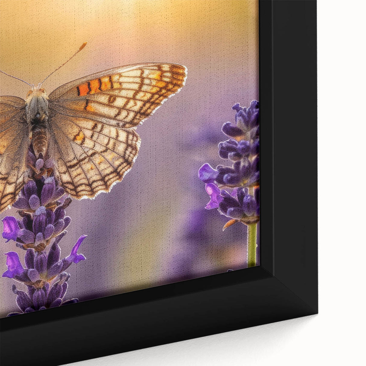 Close-up of a framed botanical wall art piece showcasing vibrant lavender flowers with intricate details, perfect for enhancing home decor and uplifting spaces.