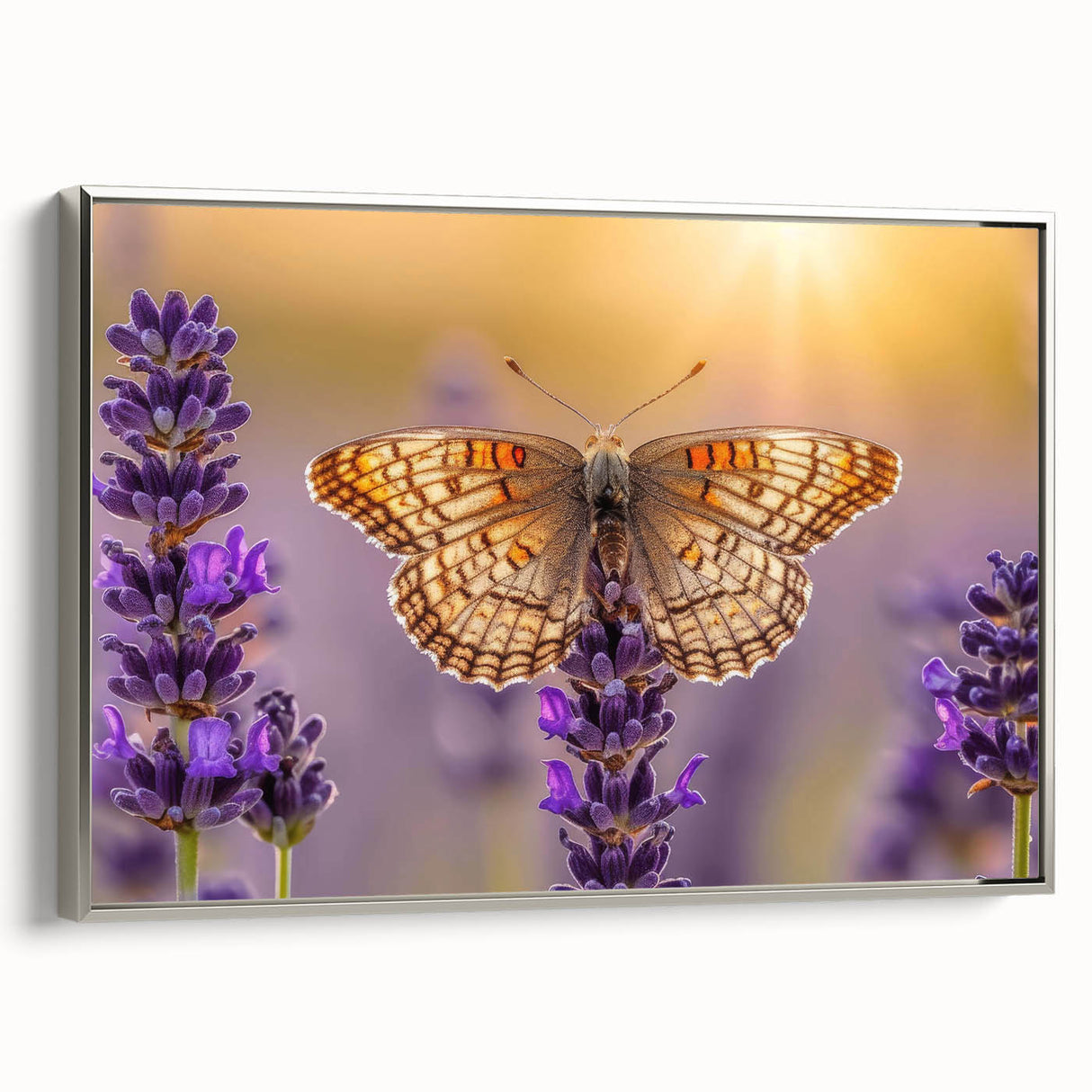 Framed canvas wall art featuring a botanical lavender design with silver accents, showcasing delicate floral details and a modern aesthetic, ideal for home decor.