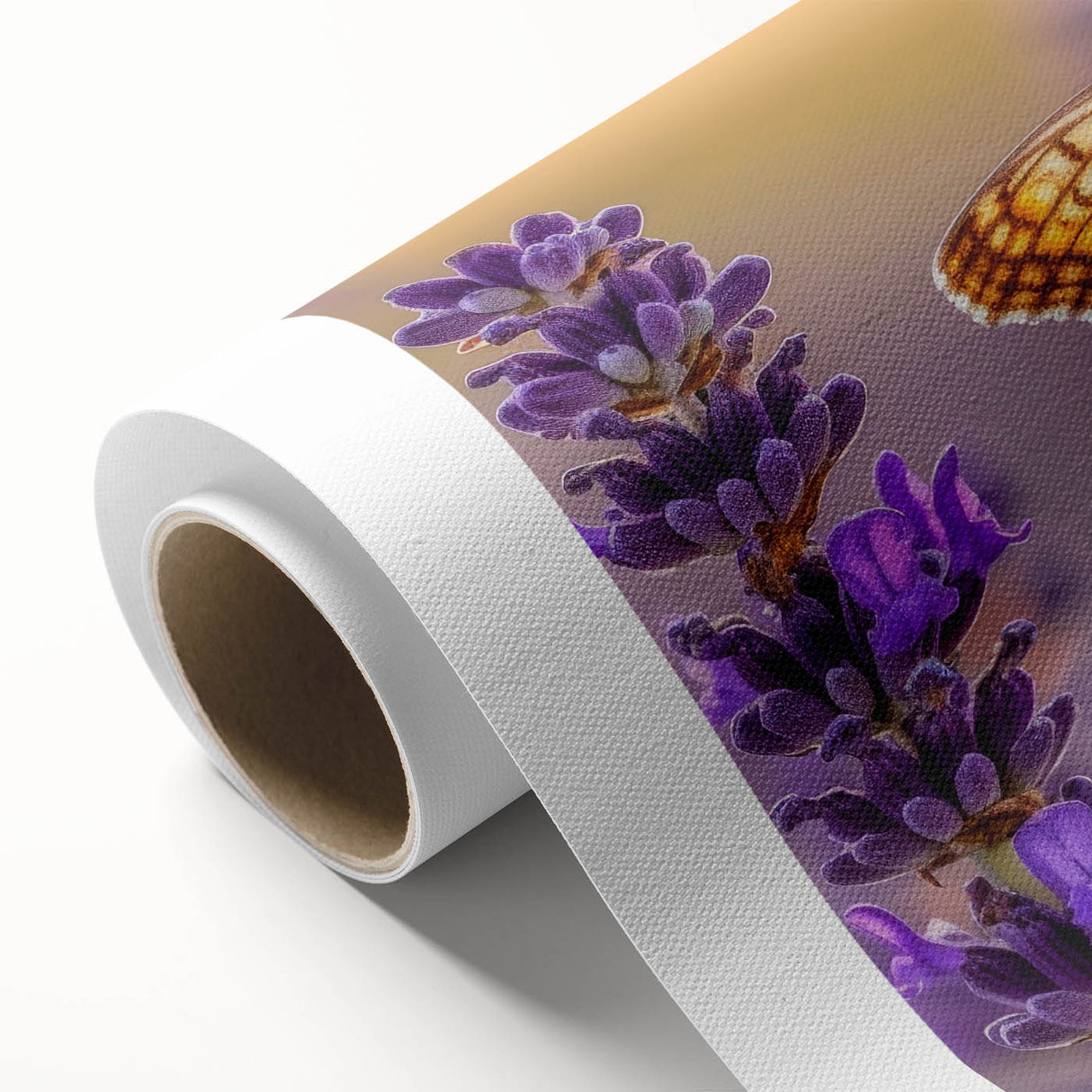 Lavender botanical wall art design on rolled canvas, showcasing delicate purple flowers against a soft cream background, ideal for home decor and floral enthusiasts.
