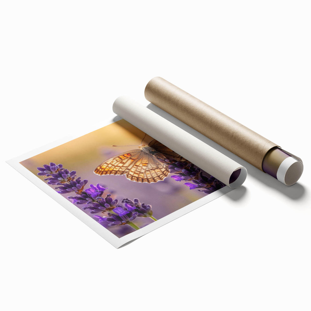 Lavender botanical wall art print featuring delicate purple flowers and green foliage, rolled and ready for display, ideal for home decor enthusiasts.