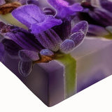 Close-up of a botanical wall art design featuring vibrant lavender flowers on stretched canvas, showcasing intricate details and vivid colors, perfect for home decor.