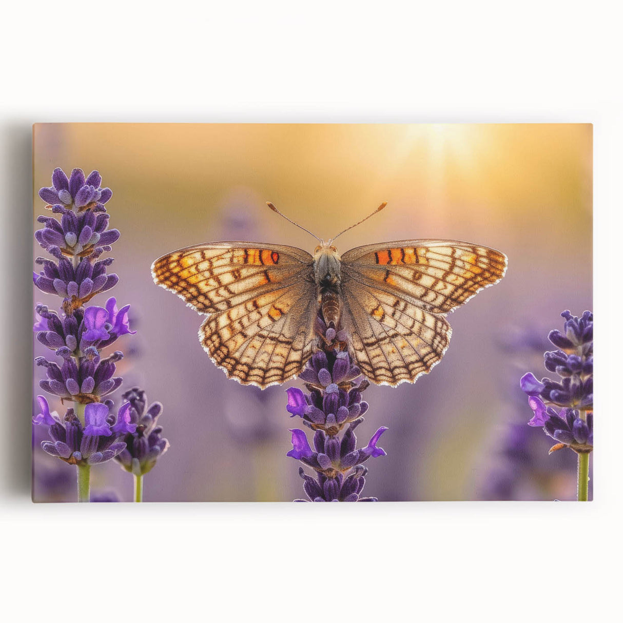 Lavender botanical wall art design on stretched canvas, showcasing intricate floral patterns in soft purple and green hues, perfect for home decor.