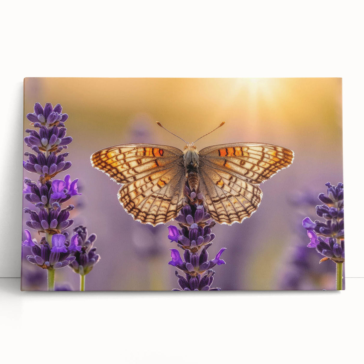 Lavender botanical wall art design printed on stretched canvas, featuring calming purple hues and delicate floral details, perfect for home decor.