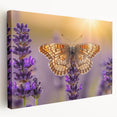 Stretched canvas wall art depicting a botanical lavender design, showcasing vibrant purple flowers and green foliage, ideal for home decor and relaxation.