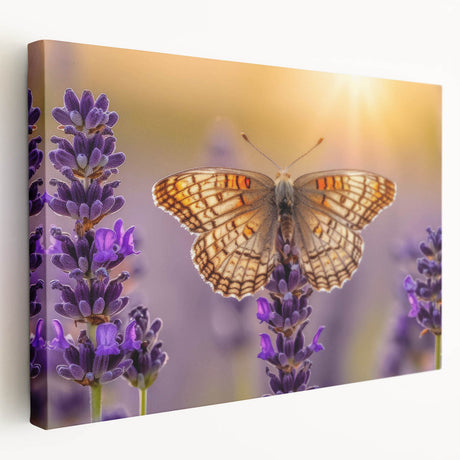 Stretched canvas wall art depicting a botanical lavender design, showcasing vibrant purple flowers and green foliage, ideal for home decor and relaxation.