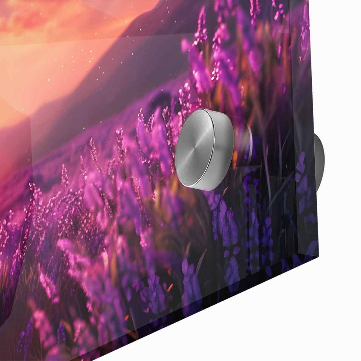 Close-up of a vibrant botanical wall art piece featuring delicate lavender flowers set against a soft background, designed for home decor enhancement and aesthetic appeal. The artwork is printed on high-quality acrylic glass, emphasizing the intricate details and colors.