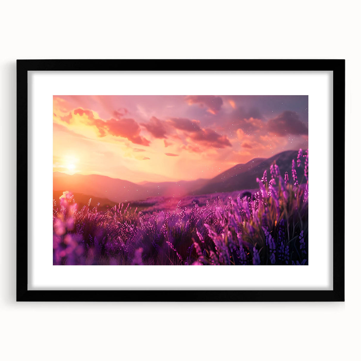 Botanical wall art featuring a lavender floral design in a sleek black frame with a white mat, ideal for home decor and enhancing interior aesthetics.
