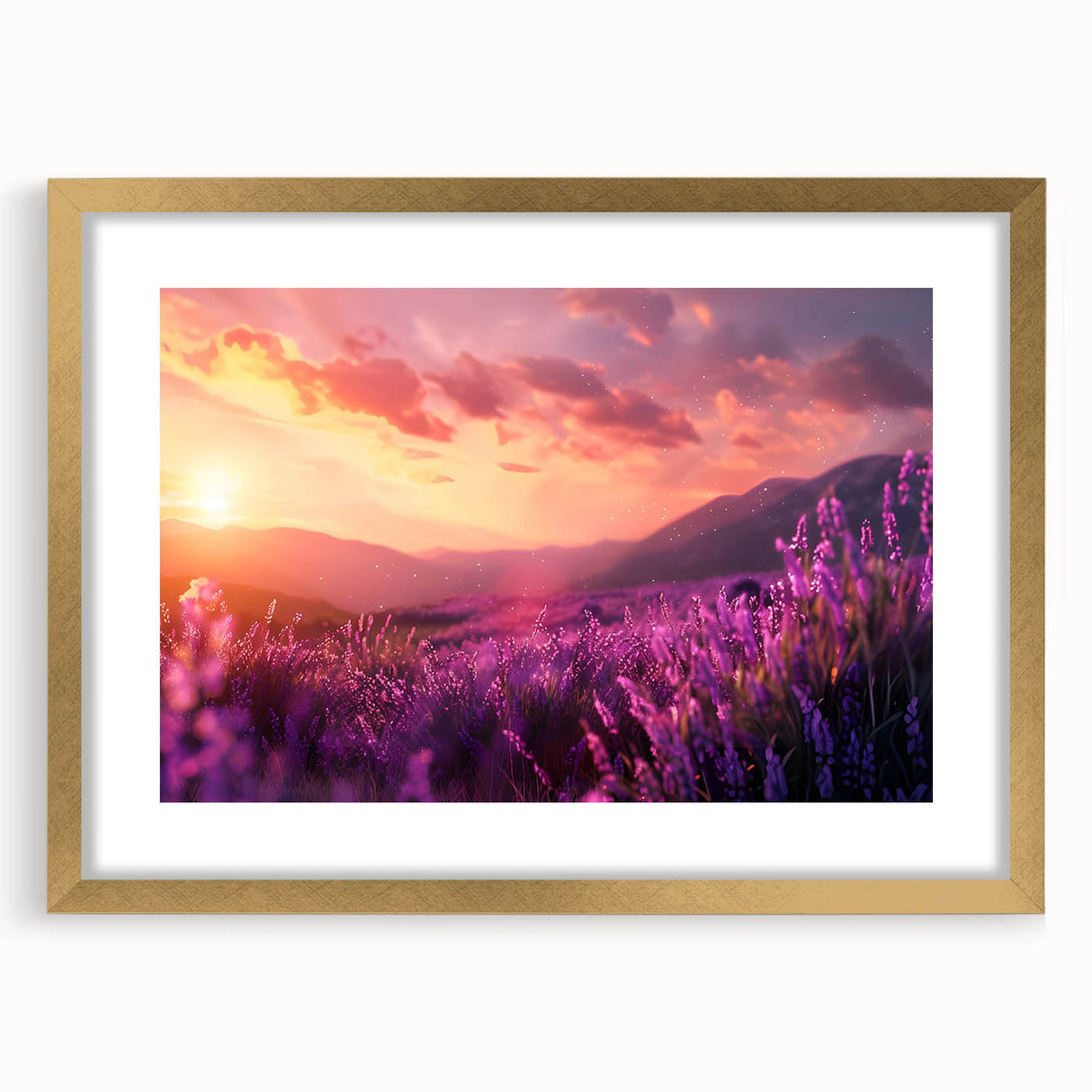 Botanical lavender wall art collection framed in gold, showcasing intricate floral designs on a white mat, perfect for home decor and enhancing interior aesthetics.