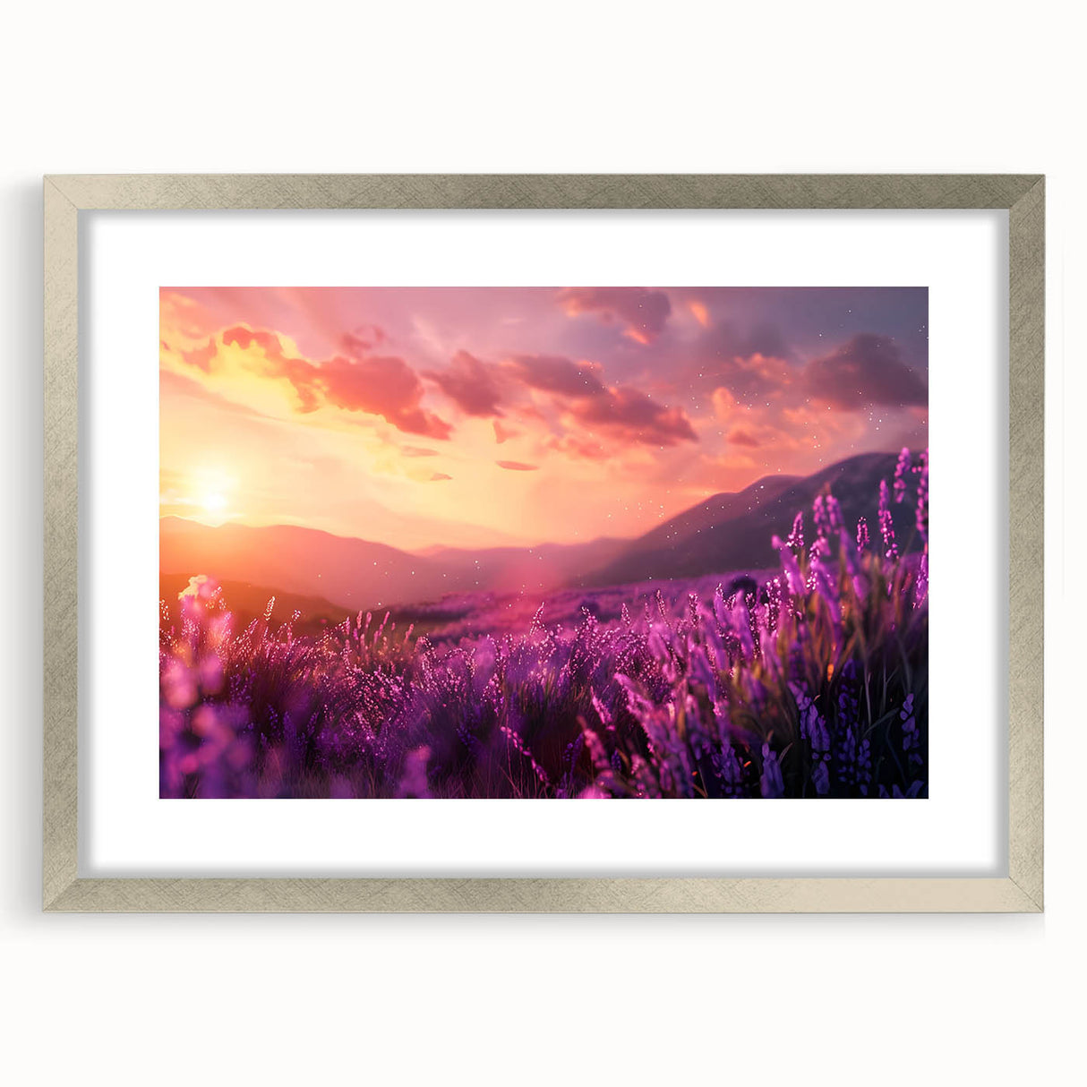 Lavender botanical wall art design framed in silver with a mat, showcasing delicate flower illustrations that enhance home decor elegance and tranquility.