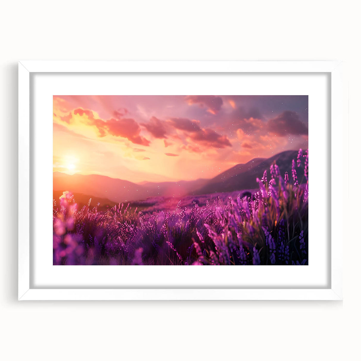 Botanical wall art collection featuring a framed lavender design with a white mat, showcasing delicate purple flowers and intricate details, ideal for home decor.