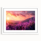 Botanical wall art collection featuring a framed lavender design with a white mat, showcasing delicate purple flowers and intricate details, ideal for home decor.