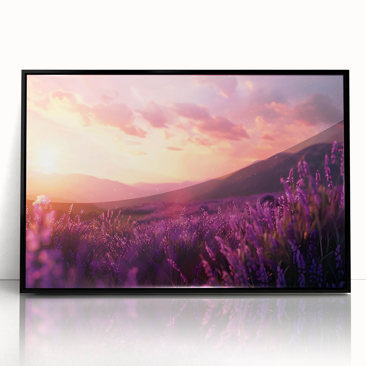 Framed wall art showcasing a botanical lavender design in elegant black acrylic. The artwork features delicate lavender flowers against a soft background, perfect for adding a touch of nature-inspired decor to any space. Ideal for home or office settings, this piece enhances the ambiance with its calming colors and intricate details.