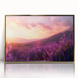 Framed botanical wall art featuring a vibrant lavender design with gold accents, elegantly displayed in an acrylic frame, perfect for home decor enhancement.