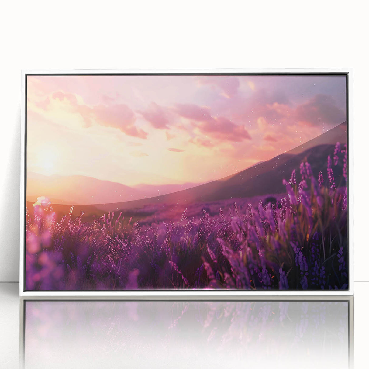 Framed wall art featuring a botanical lavender design, showcasing delicate purple flowers against a white background, perfect for enhancing home decor with elegance.