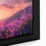 Close-up of a beautifully framed botanical wall art piece featuring vibrant lavender flowers, showcasing intricate details and rich colors, perfect for home decor.