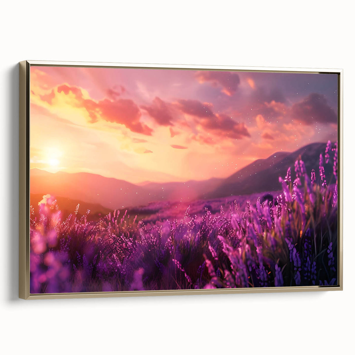 Framed wall art featuring a botanical lavender design on canvas, accented with a gold frame, showcasing a side view to highlight its elegant details and vibrant colors. Perfect for enhancing home decor with a touch of nature-inspired charm.