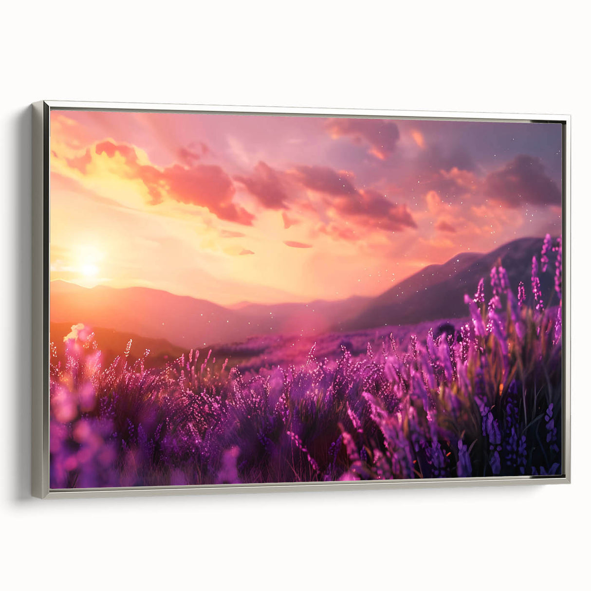 Framed wall art featuring a botanical lavender design on canvas, showcased in a sleek silver frame, highlighting intricate floral details and vibrant colors. Perfect for adding a touch of elegance to any room decor.