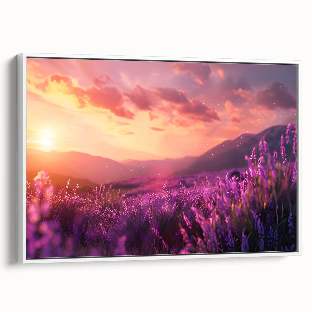 Framed canvas wall art showcasing a botanical lavender design, featuring vibrant purple flowers against a white background, ideal for home decor or gift-giving.