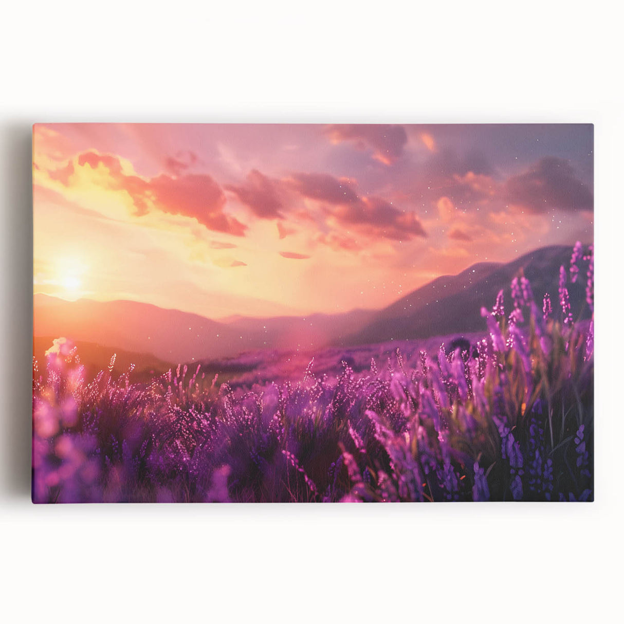 Lavender botanical wall art design on stretched canvas, showcasing vibrant purple flowers and green leaves, perfect for home decor and nature lovers.
