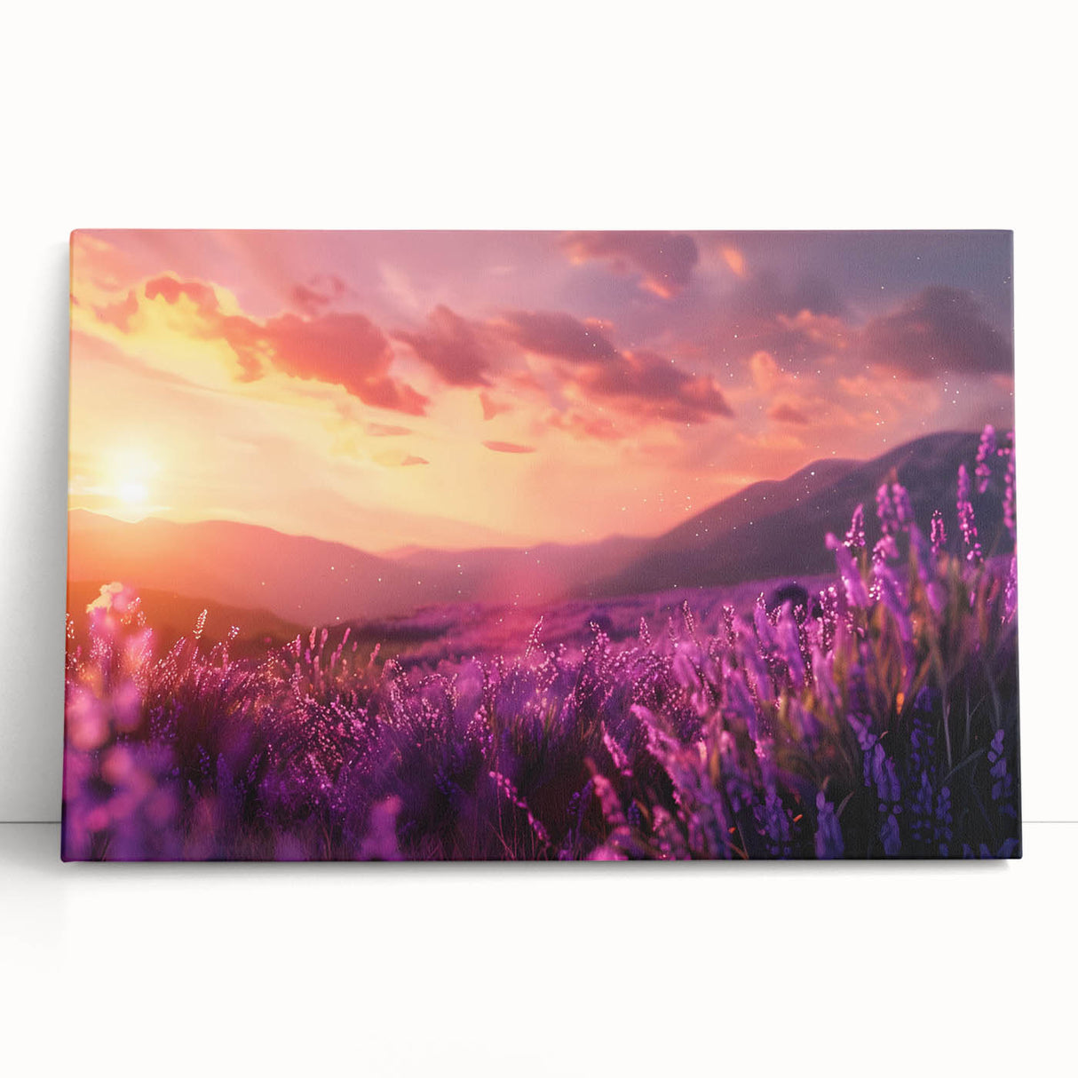 Lavender botanical wall art design on stretched canvas, showcasing delicate purple flowers and green leaves, ideal for home decor and floral enthusiasts.