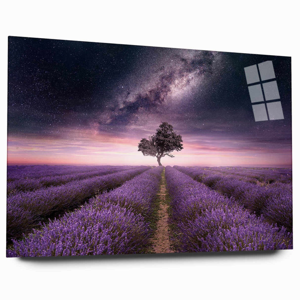 Acrylic glass wall art displaying a botanical lavender design, elegantly framed in a side view, showcasing vibrant colors and intricate floral details perfect for home decor.