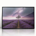 Framed botanical wall art featuring a lavender design on a black backdrop, showcasing intricate floral details, perfect for home decor or office aesthetics.