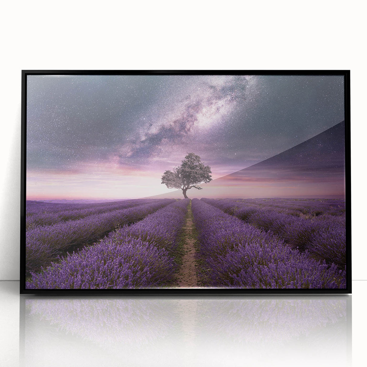 Framed botanical wall art featuring a lavender design on a black backdrop, showcasing intricate floral details, perfect for home decor or office aesthetics.