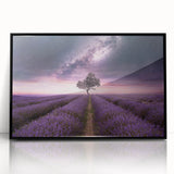 Framed botanical wall art featuring a lavender design on a black backdrop, showcasing intricate floral details, perfect for home decor or office aesthetics.