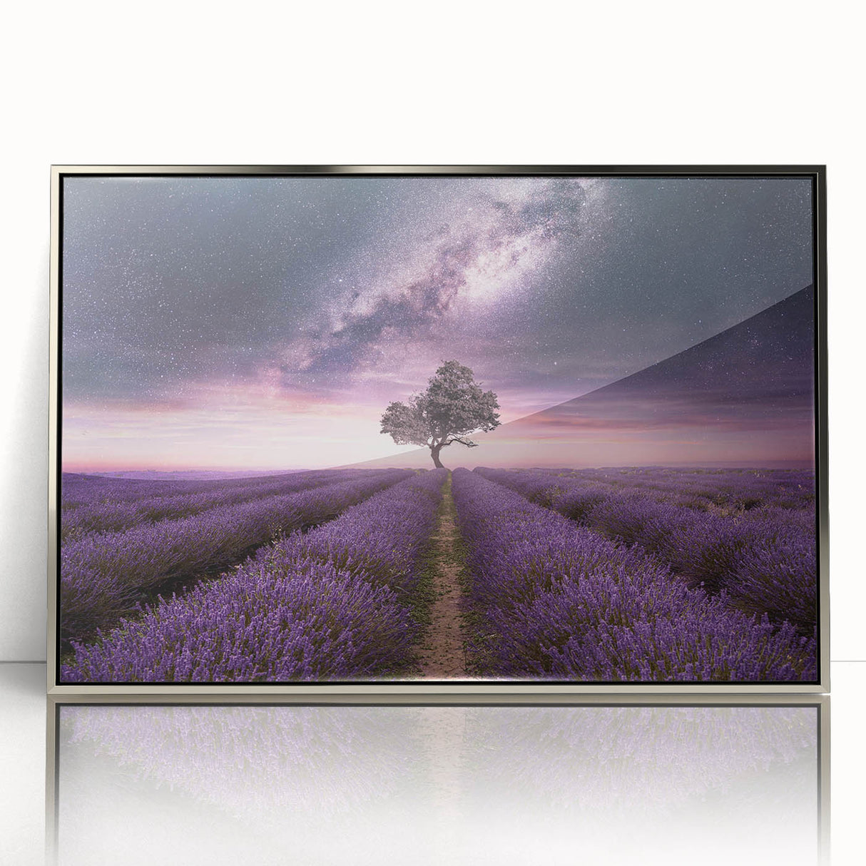 Framed wall art featuring a botanical lavender design, showcasing delicate purple flowers and green leaves in a silver-accented frame, ideal for home decor.