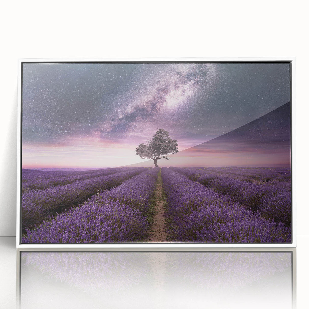 Framed wall art displaying a botanical lavender design, featuring delicate purple flowers and green leaves on a white background, perfect for home decor.